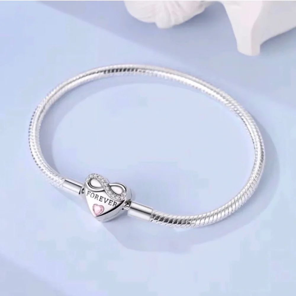 Forever Heart Infinity Charm Sterling Silver Bracelet with Pink Accent